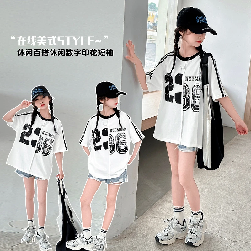 女童美式短袖T恤2025夏季新款儿童洋气上衣女孩时髦潮酷半袖夏装t