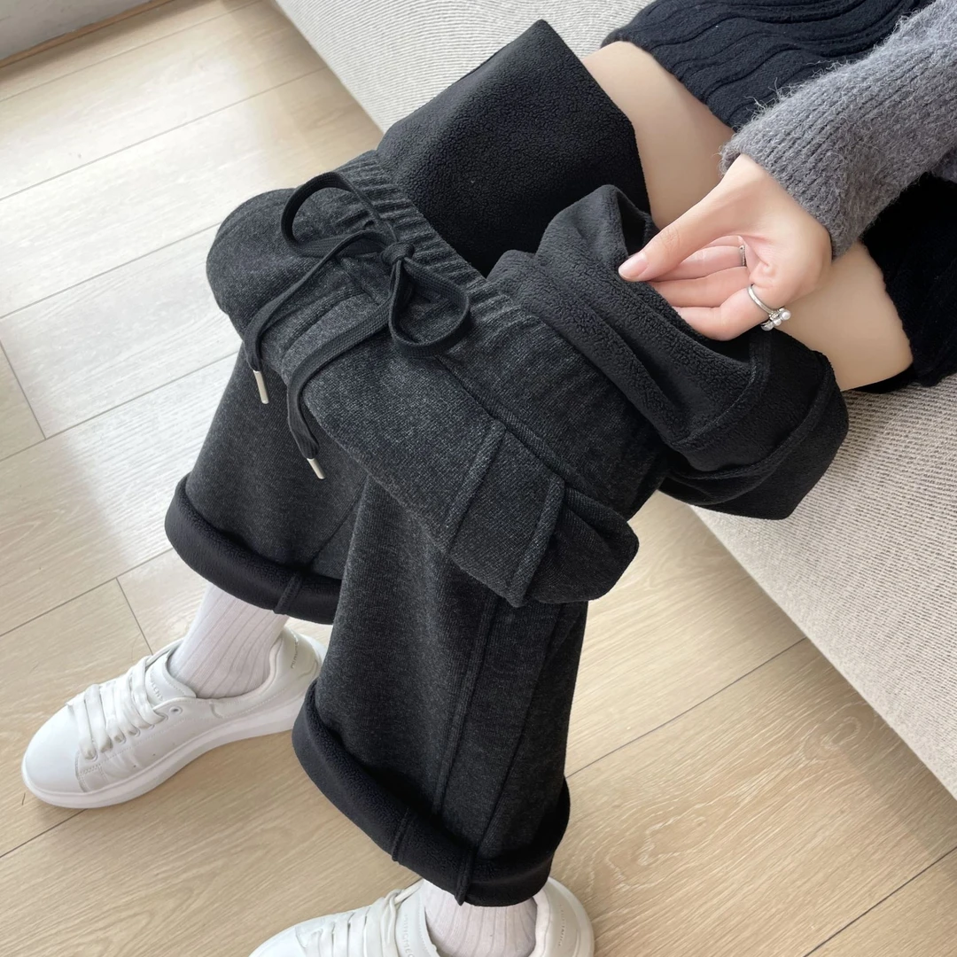 加绒加厚阔腿裤女秋冬季香蕉弯刀休闲卫裤运动拖地窄版直筒糯米裤