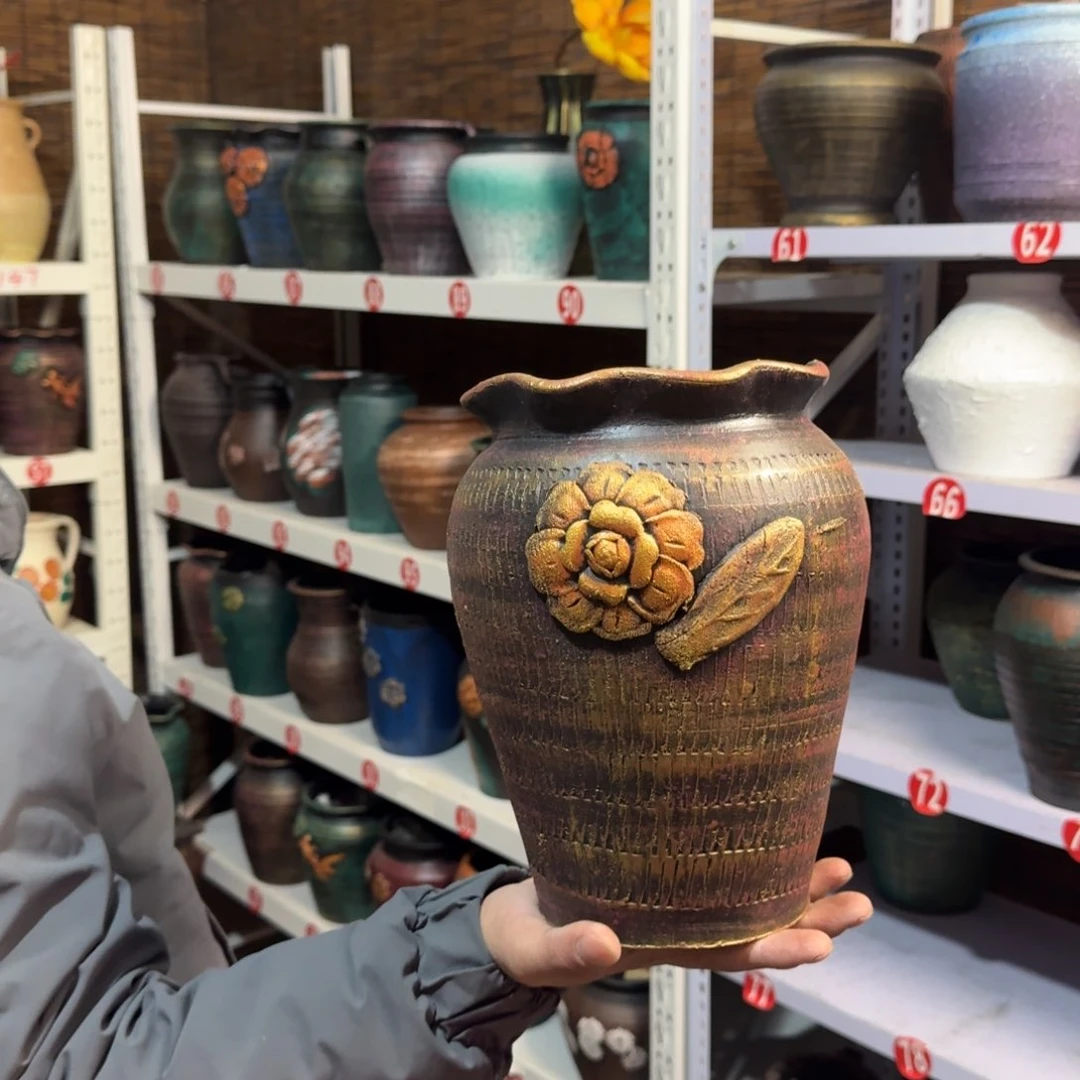 红陶红陶浮雕花盆炸炸炸