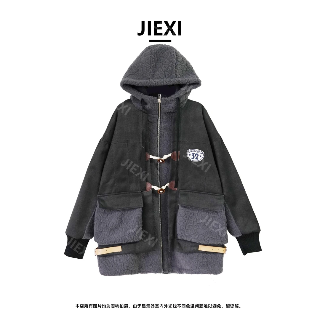 JEIXI百搭冬季美式休闲宽松时尚高街厚款拼接派克厚外套jx107