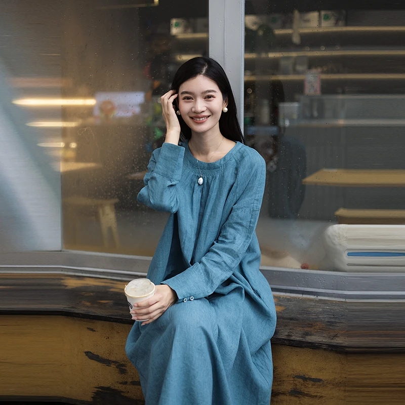 500朵/色织亚麻圆领插肩春秋季简约长袖连衣裙女新款
