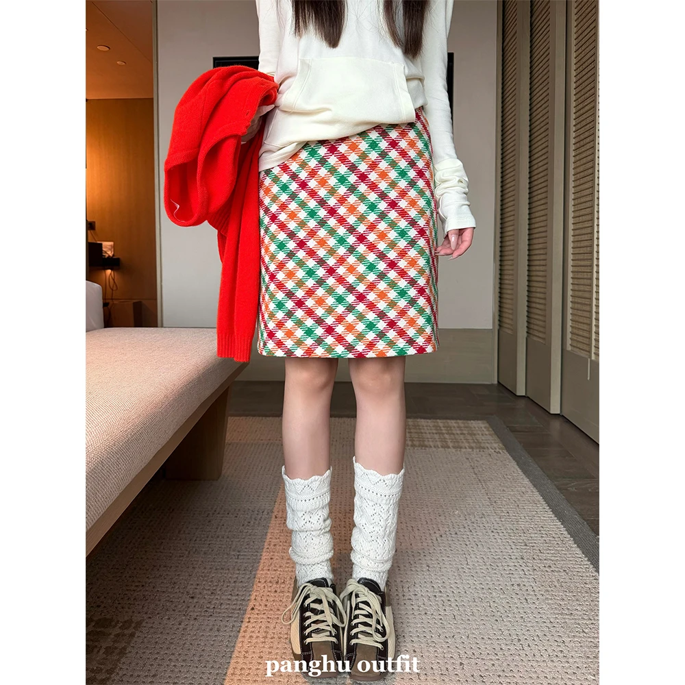 Panghu2025FW【彩虹】miu系复古彩色格纹软糯羊毛混纺百搭半身裙