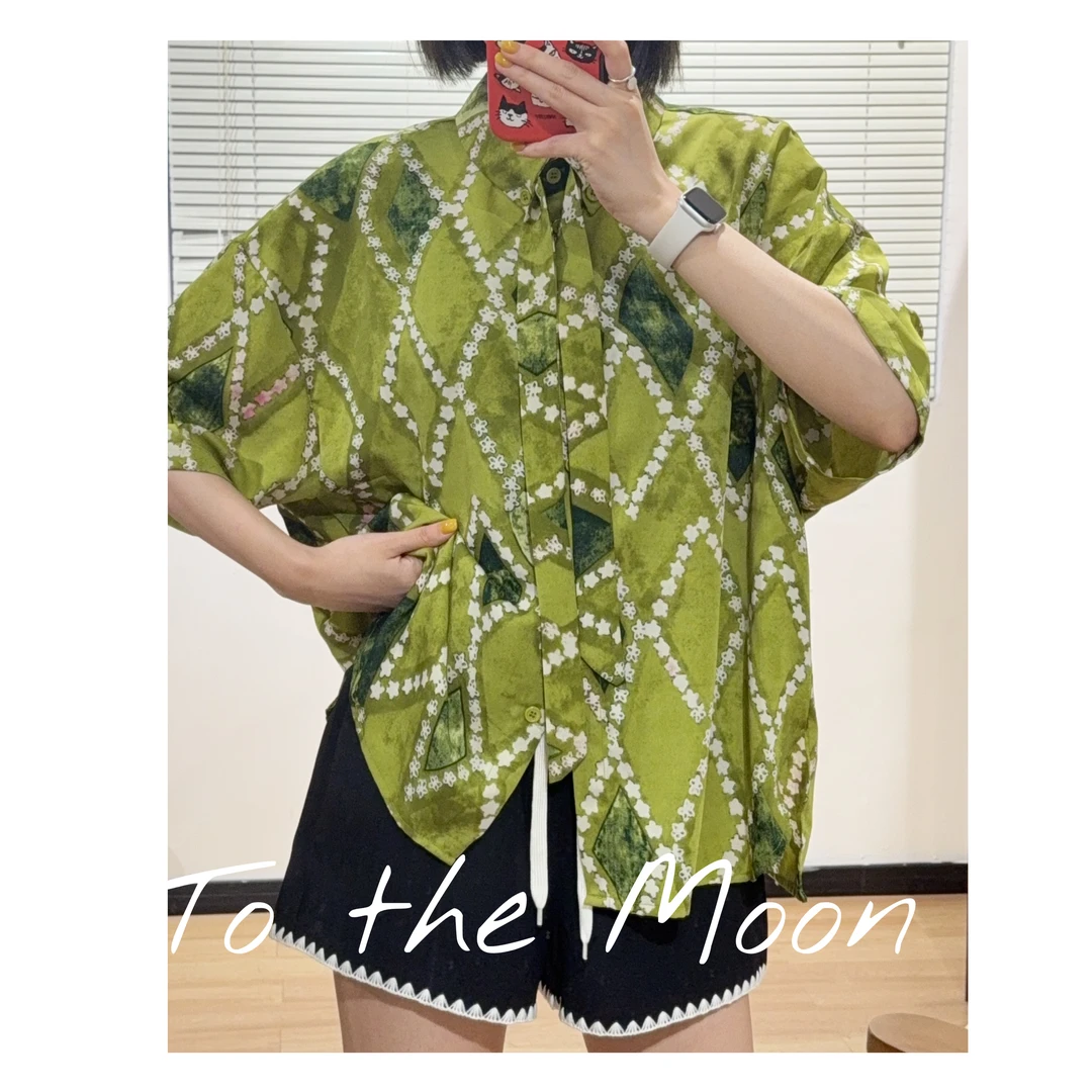 UpSd 原创【格林尼治绿】草绿色衬衫飘带丝巾宽松夏季设计领衬衣