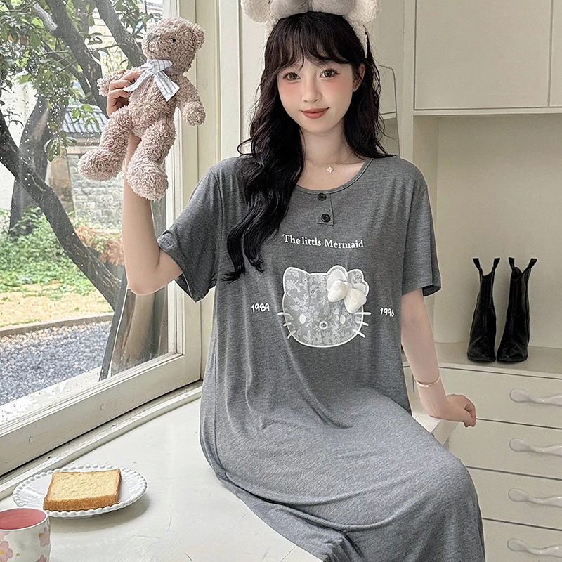 夏季莫代尔可爱睡裙女网红爆款2025新款薄款带胸垫卡通小猫家居服
