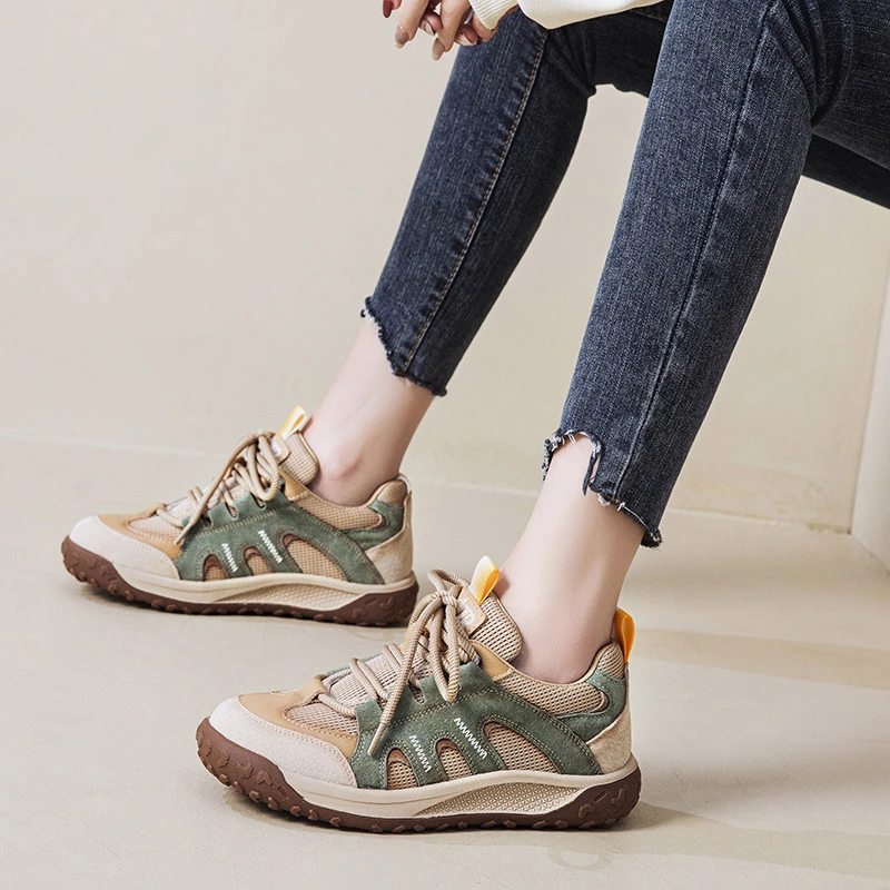 真皮厚底休闲老爹鞋女春季新款拼色系带舒适轻便透气平跟软底单鞋