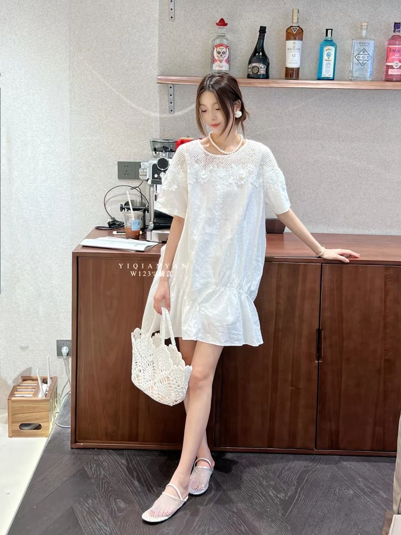 欧货正品W123新款提花短袖连衣裙女宽松显瘦百搭裙子7691