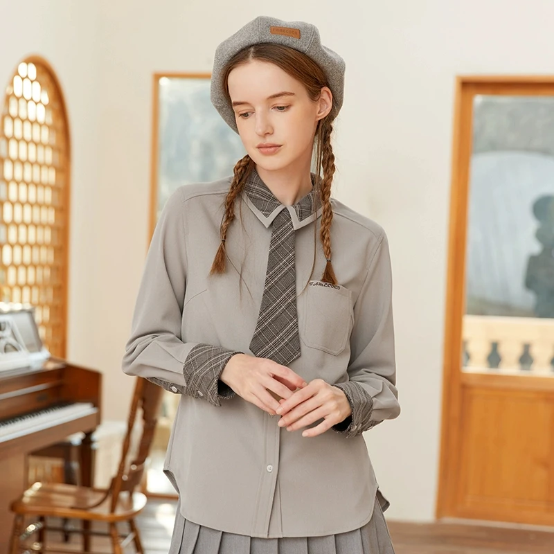 范可儿学院风衬衫领带格纹翻领拼接百搭衬衣F228BH004