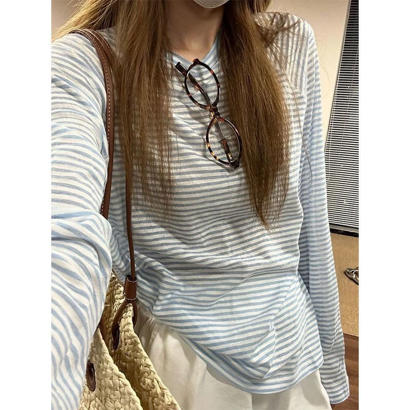 韩版chic复古条纹长袖T恤女夏季小众设计感宽松百搭防晒罩衫上衣