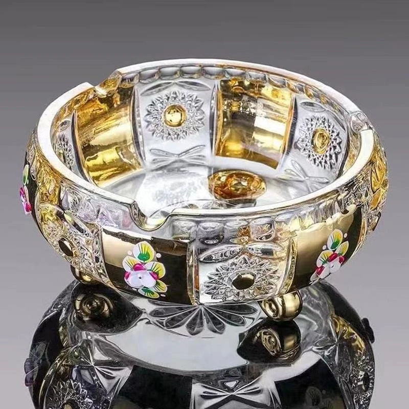 欧式描金珐琅花烟灰缸精刻加厚玻璃烟缸男士礼物办公室家用烟灰缸