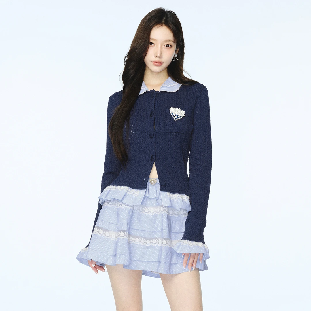 lefame拉飞姆2025秋季新款时尚娃娃领拼接针织短款开衫蓝色