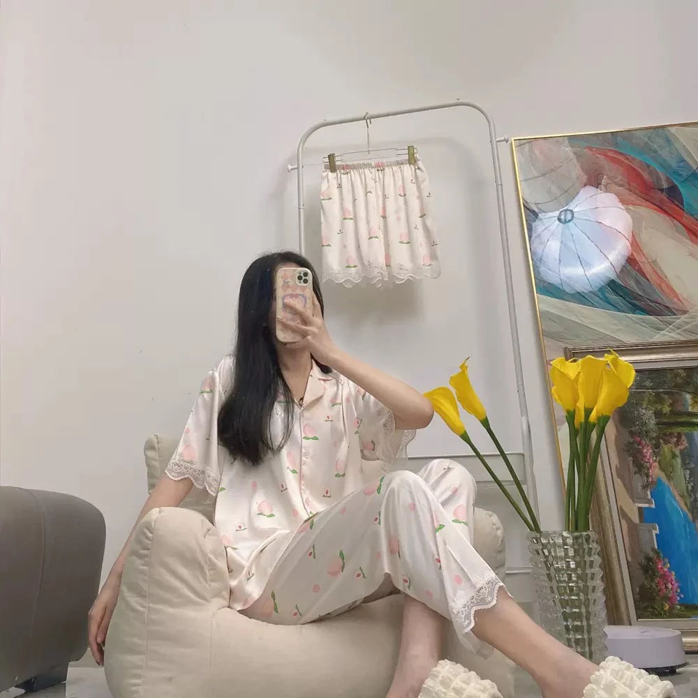 （水蜜桃）2025新款睡衣女夏季长袖短袖奢高级感冰丝家居服可外穿