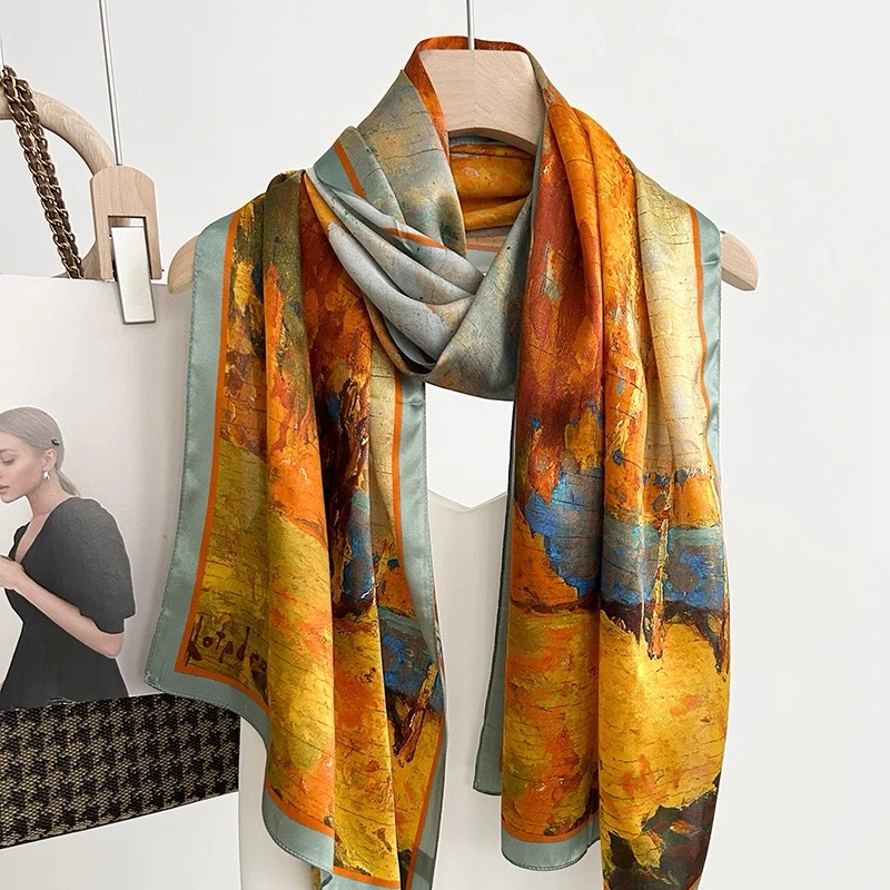 达芬奇密码2025新款100%桑蚕丝送长辈百搭长巾时尚女白桦林