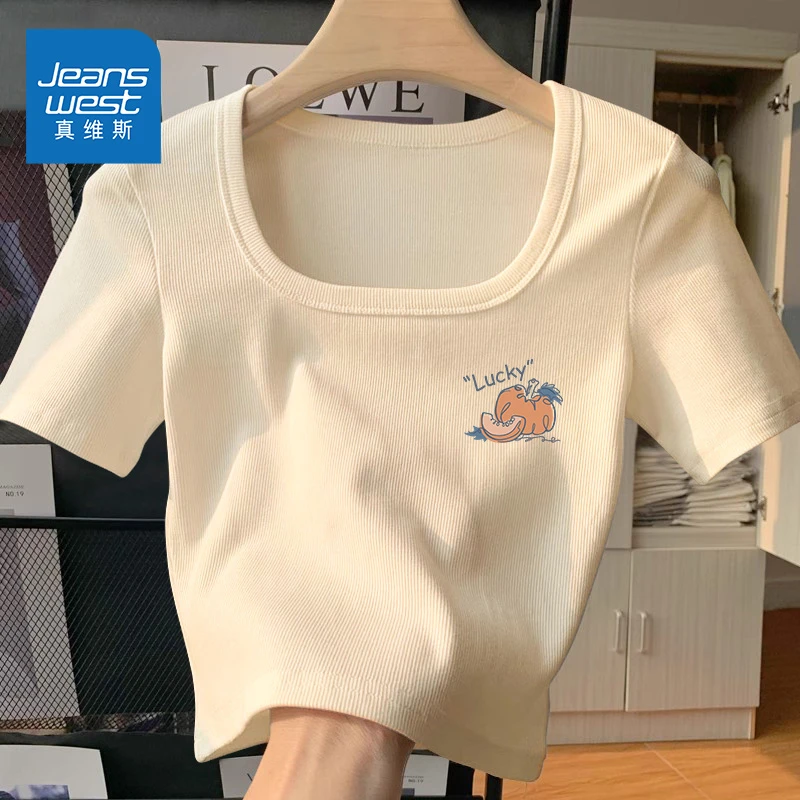 ZD真维斯杏色方领短袖t恤女款夏季 辣妹风修身显瘦独特2025年新款