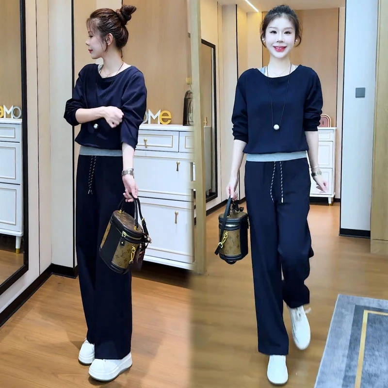 休闲套装女秋季新款假两件圆领卫衣阔腿裤洋气宽松显瘦时尚两件套