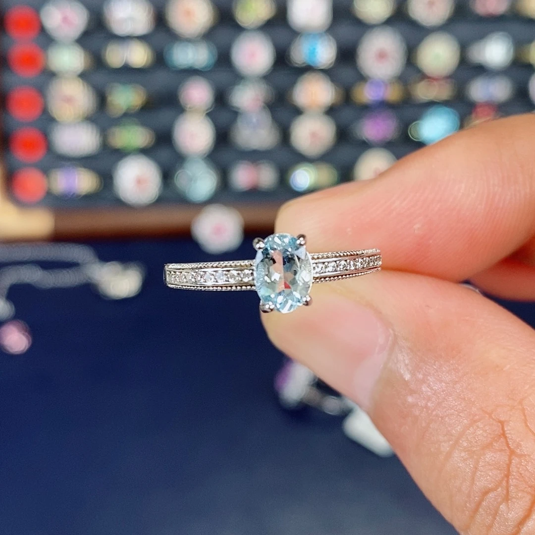 迷***安海蓝宝石戒圈银S925镶嵌