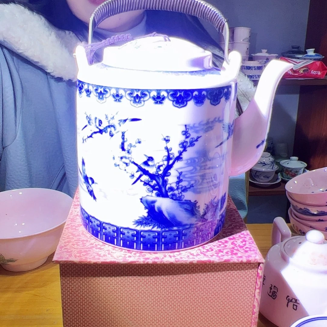 摆件陶景德镇红xixi青花喜鹊登梅提梁壶