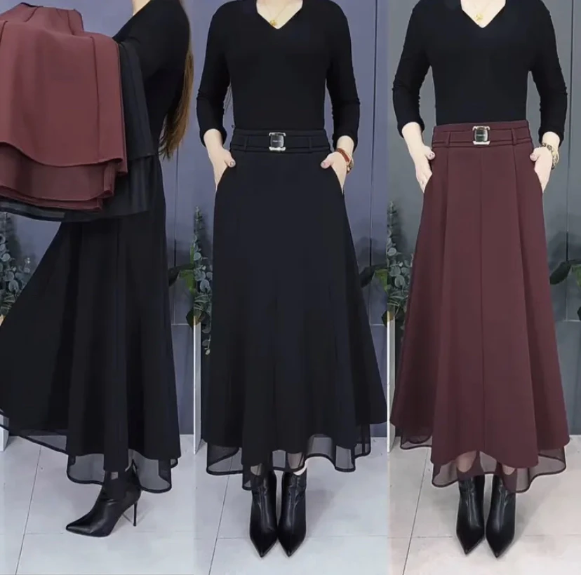 【垂顺抗皱】时尚高档半身裙子中长款春夏新款松紧腰拼接a字裙