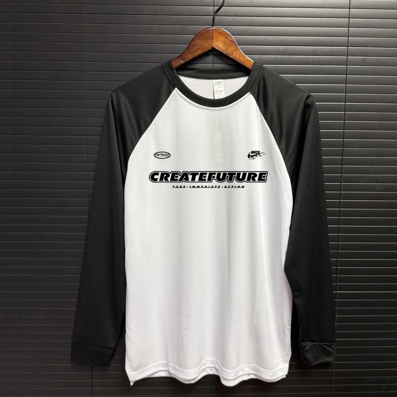 秋季运动休闲速干长袖男子美式健身跑步训练透气宽松拼接撞色上衣