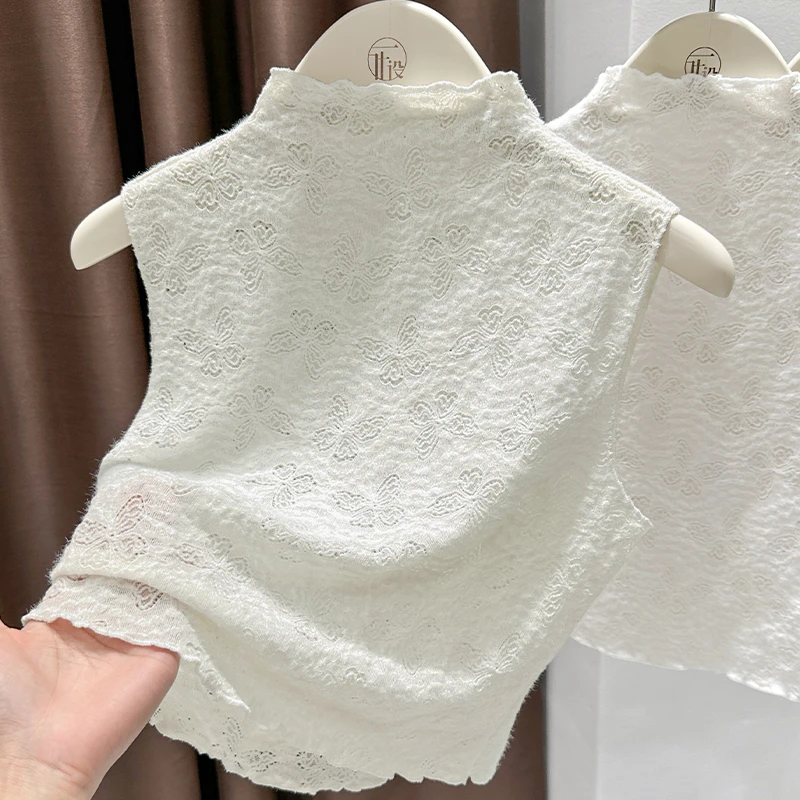 小个子精致提花蕾丝假领子打底衫2025秋季新款半高领无袖内搭背心