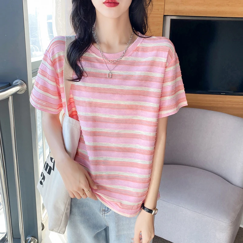 新款撞色款t恤条纹短袖女气质减龄小清新新款遮肚子藏肉显瘦上衣