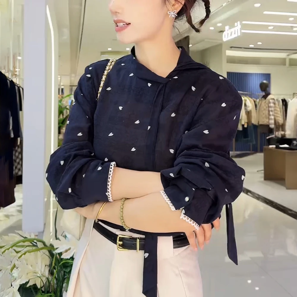 2025秋季新款女飘带领长袖衬衫时尚高级感修身显瘦内搭衬衣上衣