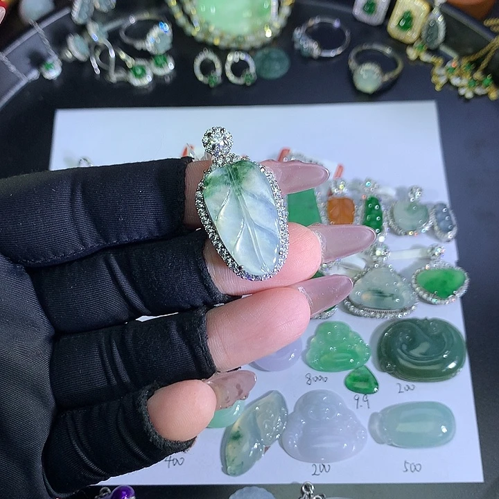 翡翠裸石银S925镶嵌飘花叶子