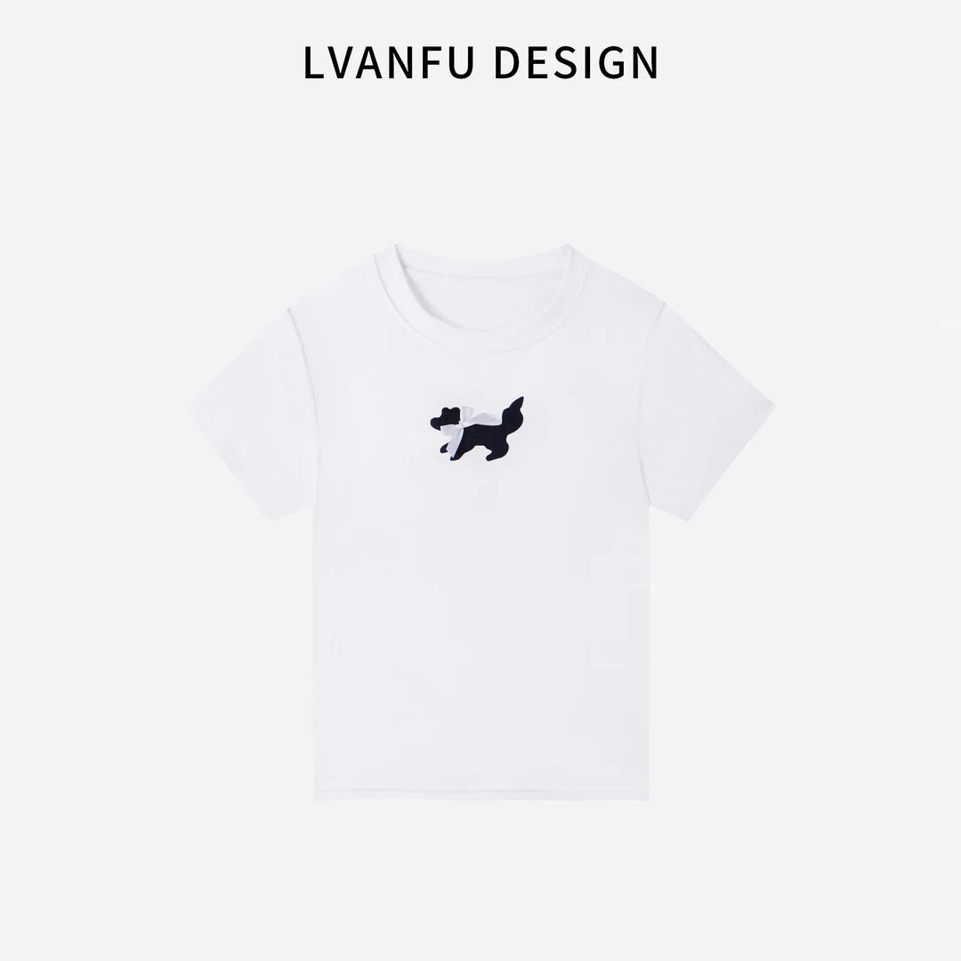 【依凡芙】小蝴蝶结点缀 简约不简单植绒小狗T恤JY673A