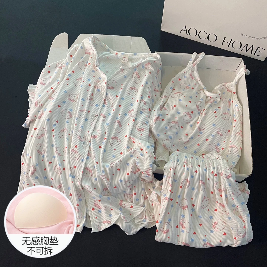 吊带睡衣女生夏季带胸垫凉感大码可外穿粉色kt猫三件套短袖家居服
