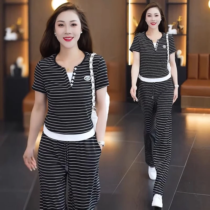 休闲运动套装女2025夏季新款洋气显瘦条纹短袖阔腿裤时尚两件套潮