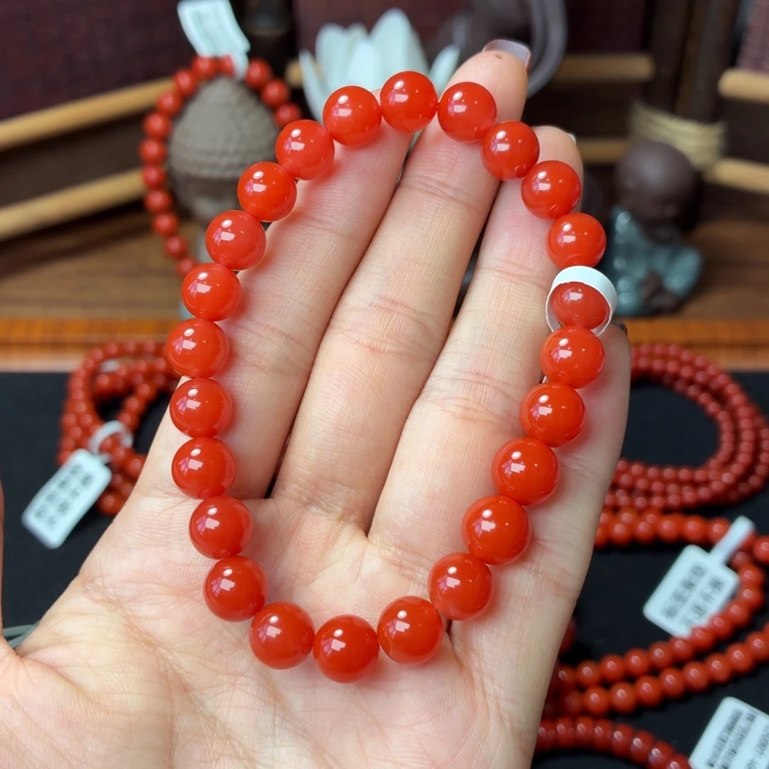 南红玛瑙未镶嵌手串保山原矿南红大陷坝柿子锦卡8+