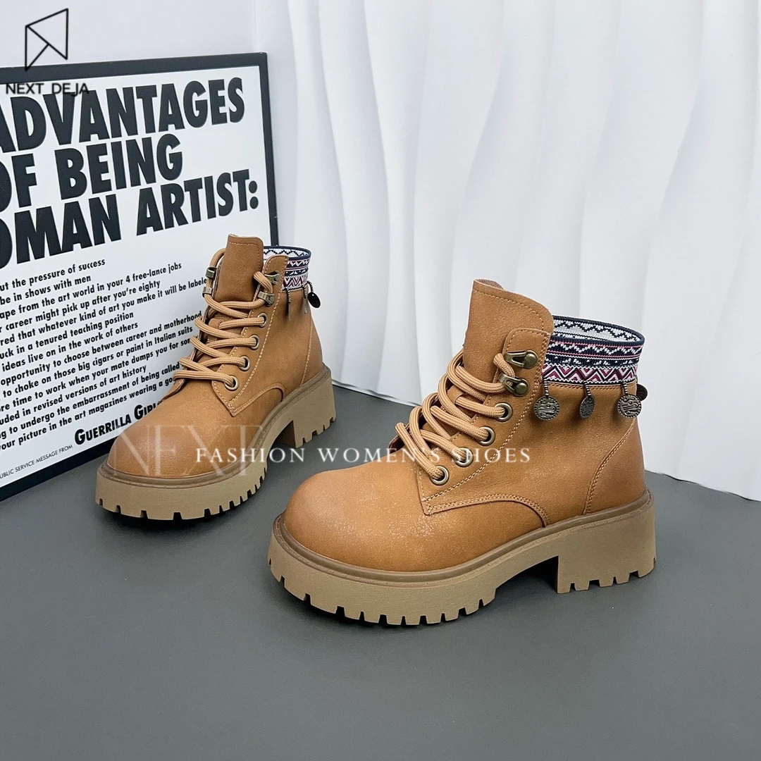 新款真皮马丁靴厚底鞋子女款秋冬擦色百搭系带复古英伦风秋季单靴