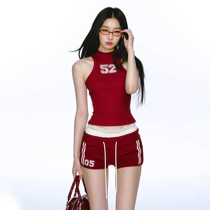 chili lime美式复古甜心辣妹运动少女风修身显瘦背心短裤两件套装