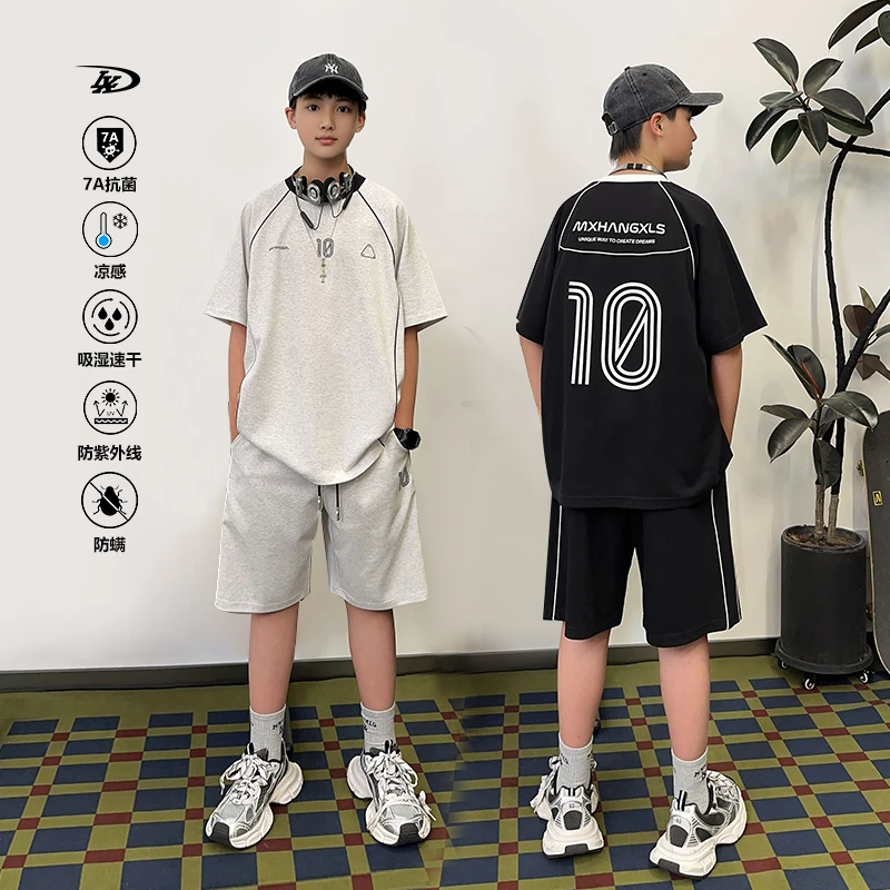 【现货】TZ1167青少年潮牌圆领T恤松紧短裤套装中大男童夏季套装新