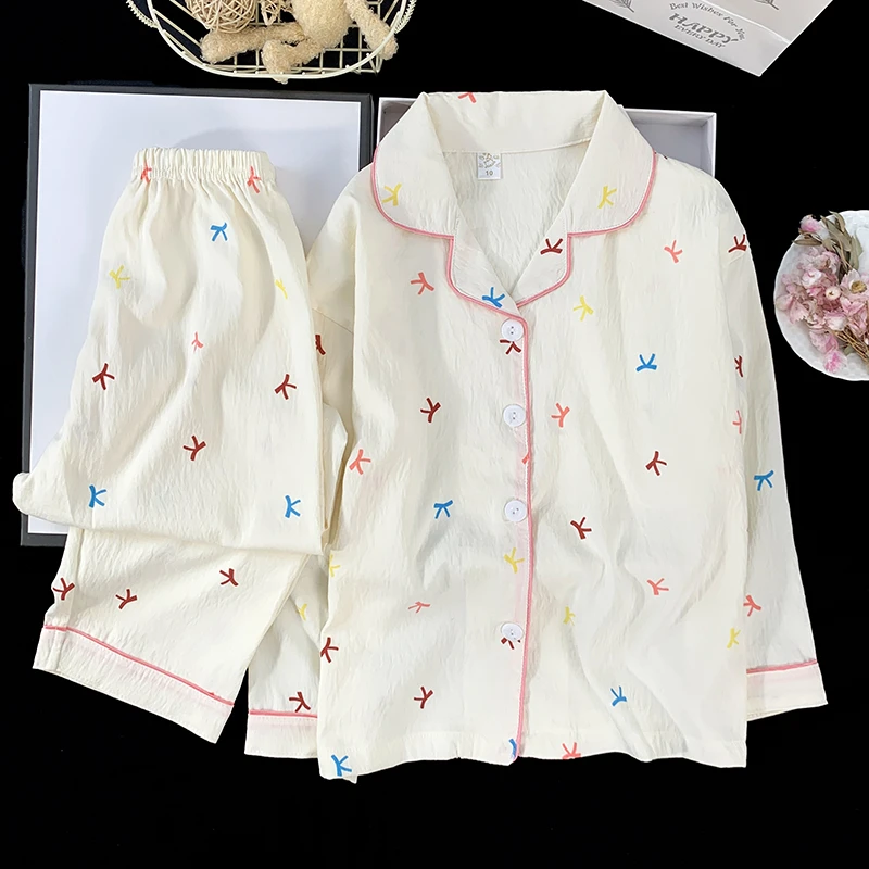 高级感云朵棉彩色蝴蝶结点缀印花儿童睡衣新款薄款休闲长袖家居服