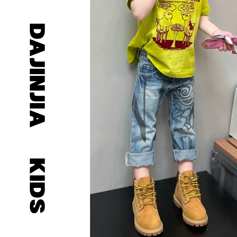 大金定制春季新款自制黑超潮牌定制巨舒服休身软牛仔印花儿童潮裤