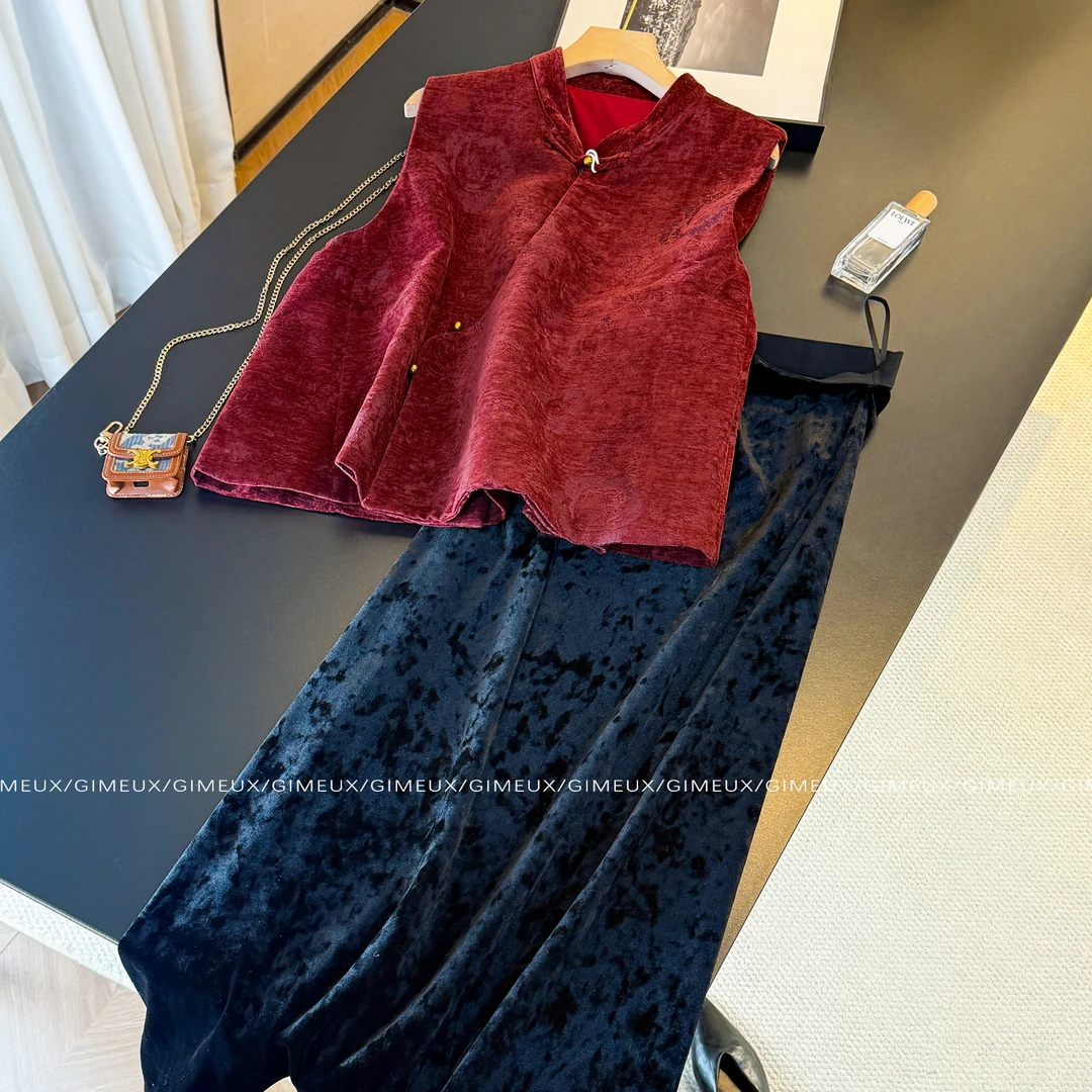 新中式国风丝绒马甲裙套装女复古盘扣高级感气质媛两件套2025冬款