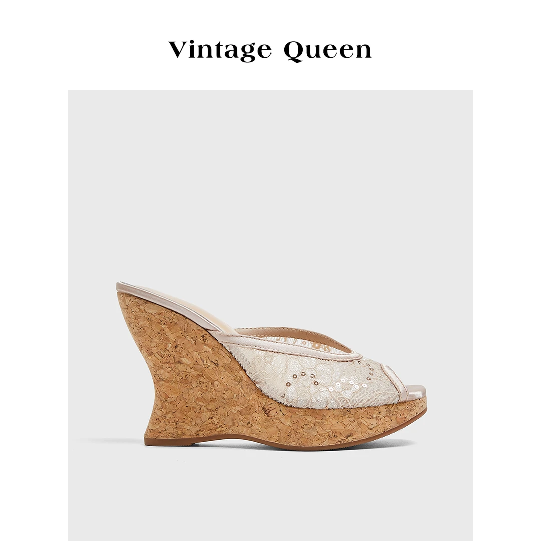 中古女王～Vintage中古蕾丝坡跟拖鞋女夏天外穿性感鱼嘴凉鞋高跟鞋