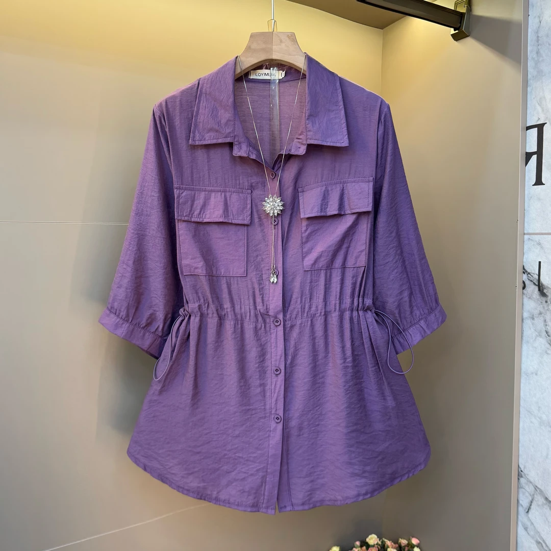 韩系宽松气质翻领抽绳工艺设计时尚百搭简约大码显瘦轻薄女装9108