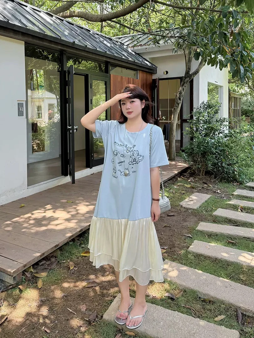 大圆自制 夏季涂鸦印花拼接连衣裙