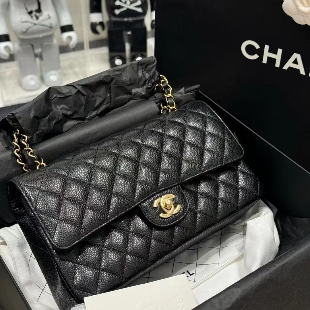 95新 Chanel/香奈儿 艾瑟尔奢品/黑金荔枝中号cf单肩包/4004