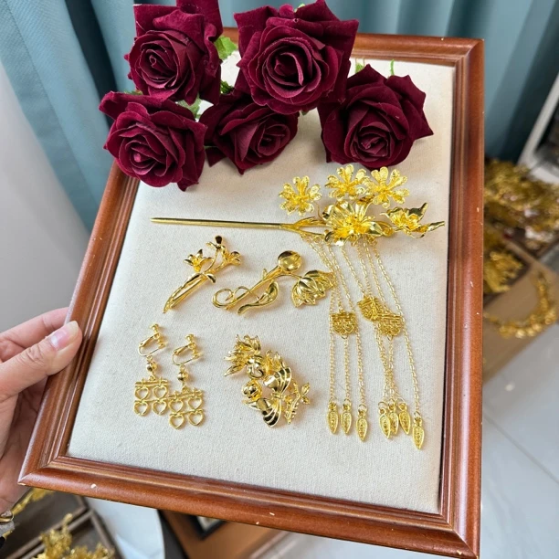 新款玫瑰花发簪配金钗套装龙凤褂秀禾服配饰国风晨袍旗袍饰品结婚