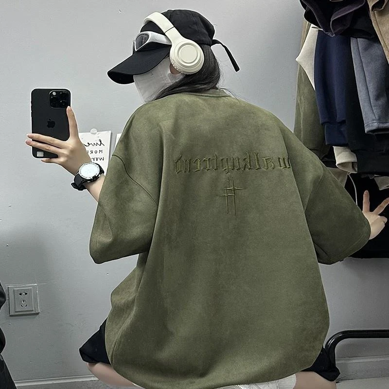 刺绣短袖t恤男夏季新款仿麂皮绒情侣ins美式打底衫半袖刺绣t恤男