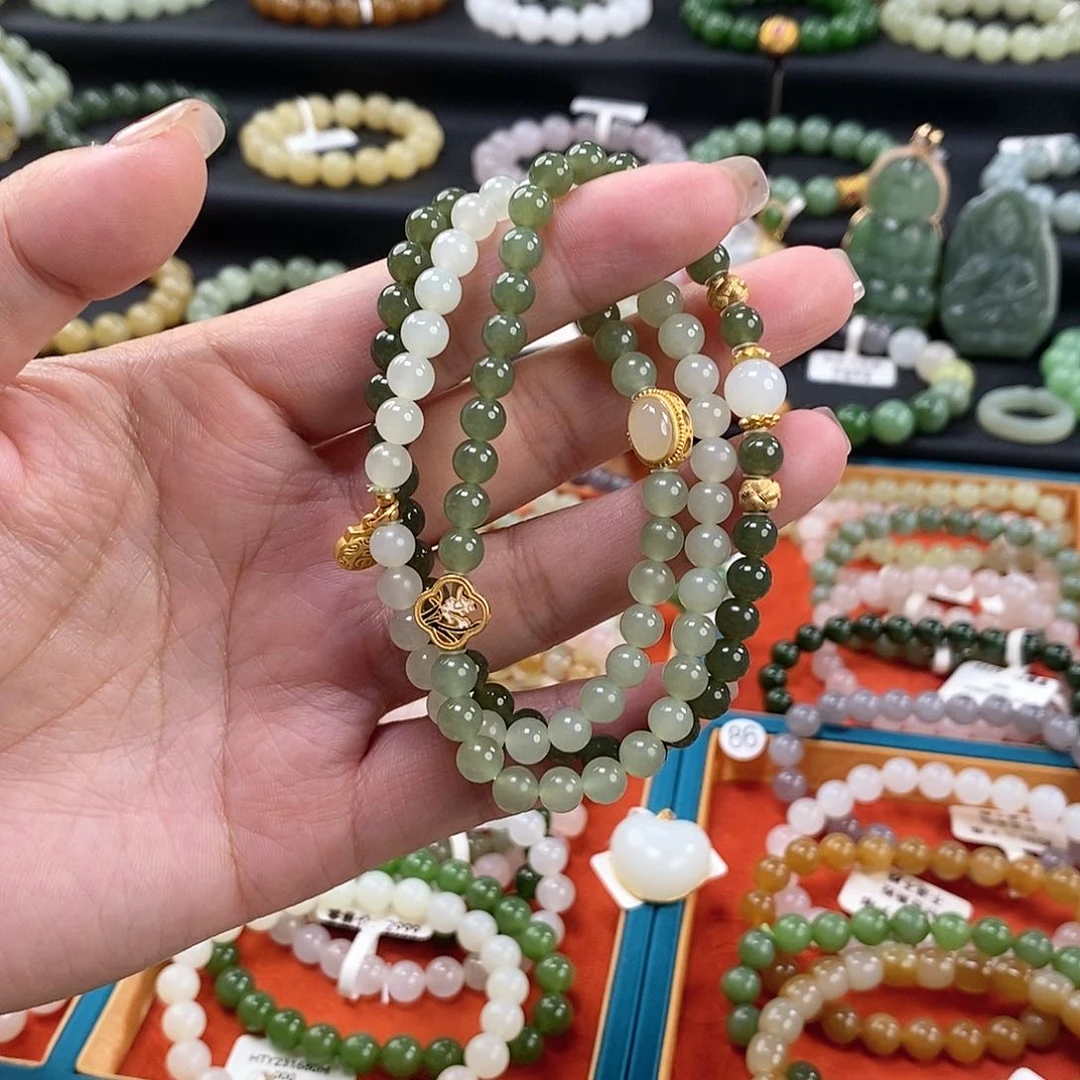 和田玉手链 6MM银S925镶嵌渐变