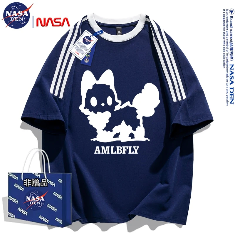 NASA联名三条杠夏季潮牌美式印花圆领纯棉短袖T恤宽松插肩男上衣