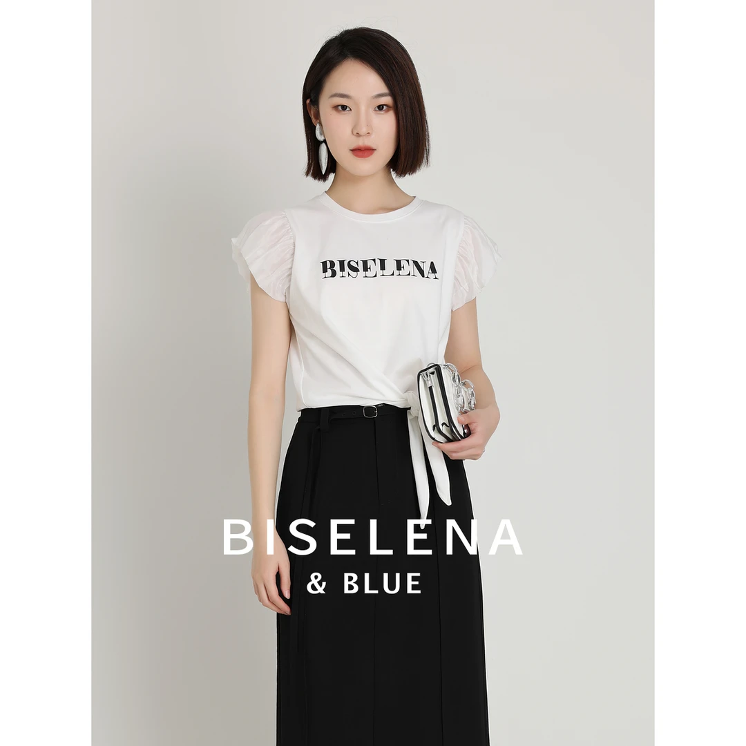 3555简约印花圆领系带花苞袖上衣休闲舒适短袖上衣