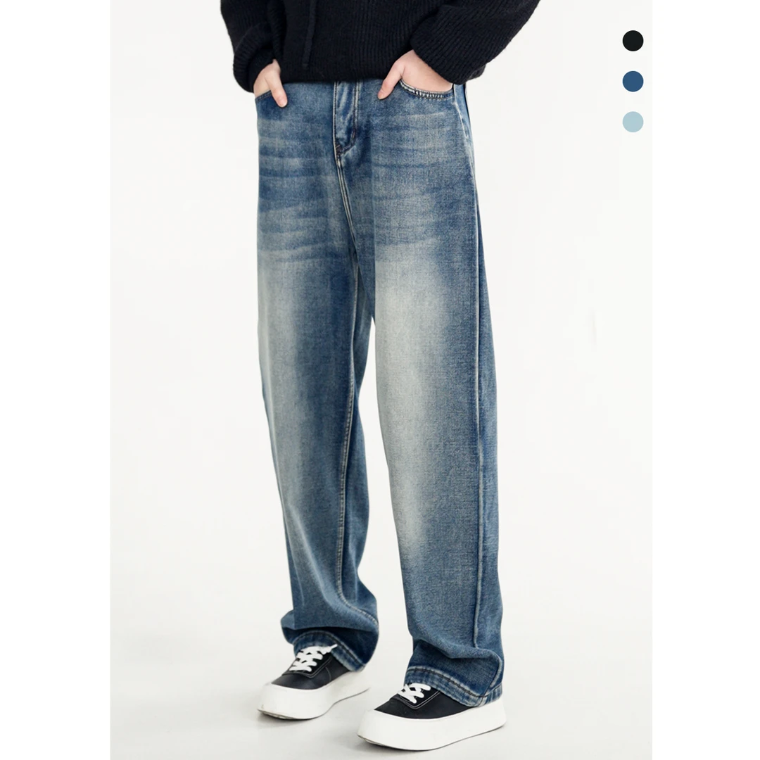 新款冬季加绒加厚休闲百搭复古垂感直筒宽松水洗纯色牛仔裤YS768