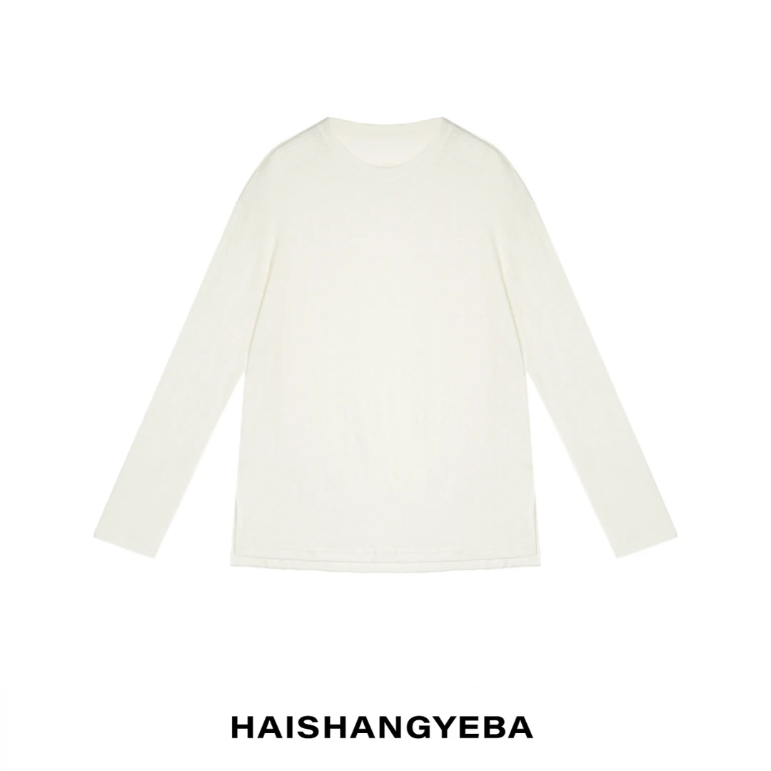 【海上叶爸】新款2025春秋百搭亚麻圆领套头宽松休闲薄款长袖T恤