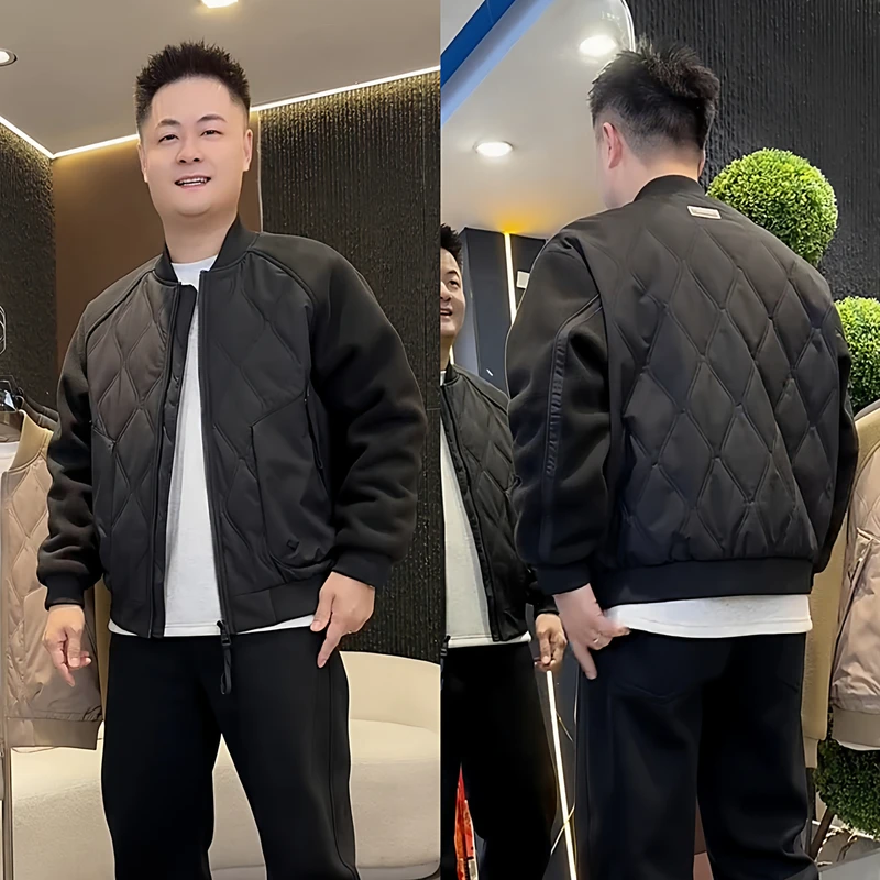 冬季新款菱格摇粒绒拼接棒球领棉服男士美式复古休闲保暖夹克外套