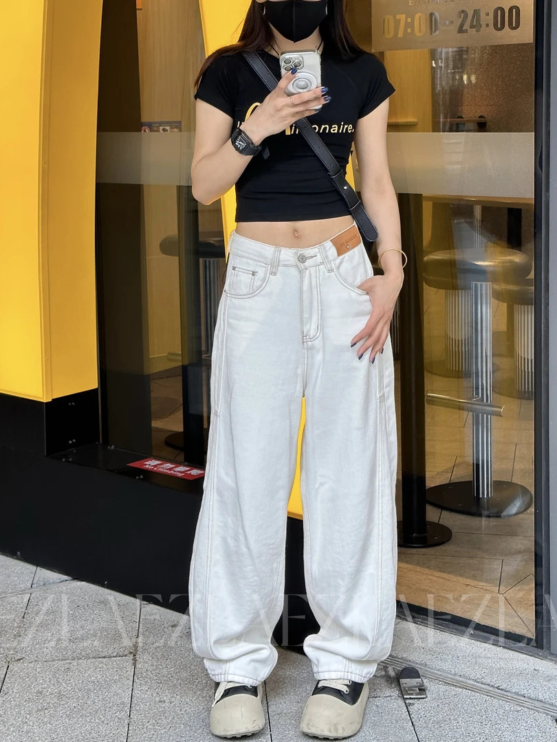 EZ7309【白月光】新款白色翻盖口袋水洗无弹软牛仔老爹堆堆裤