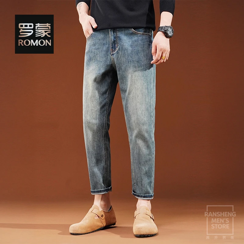 罗蒙2025秋冬款加绒高端新款复古蓝弹力九分修身牛仔裤男小直筒裤